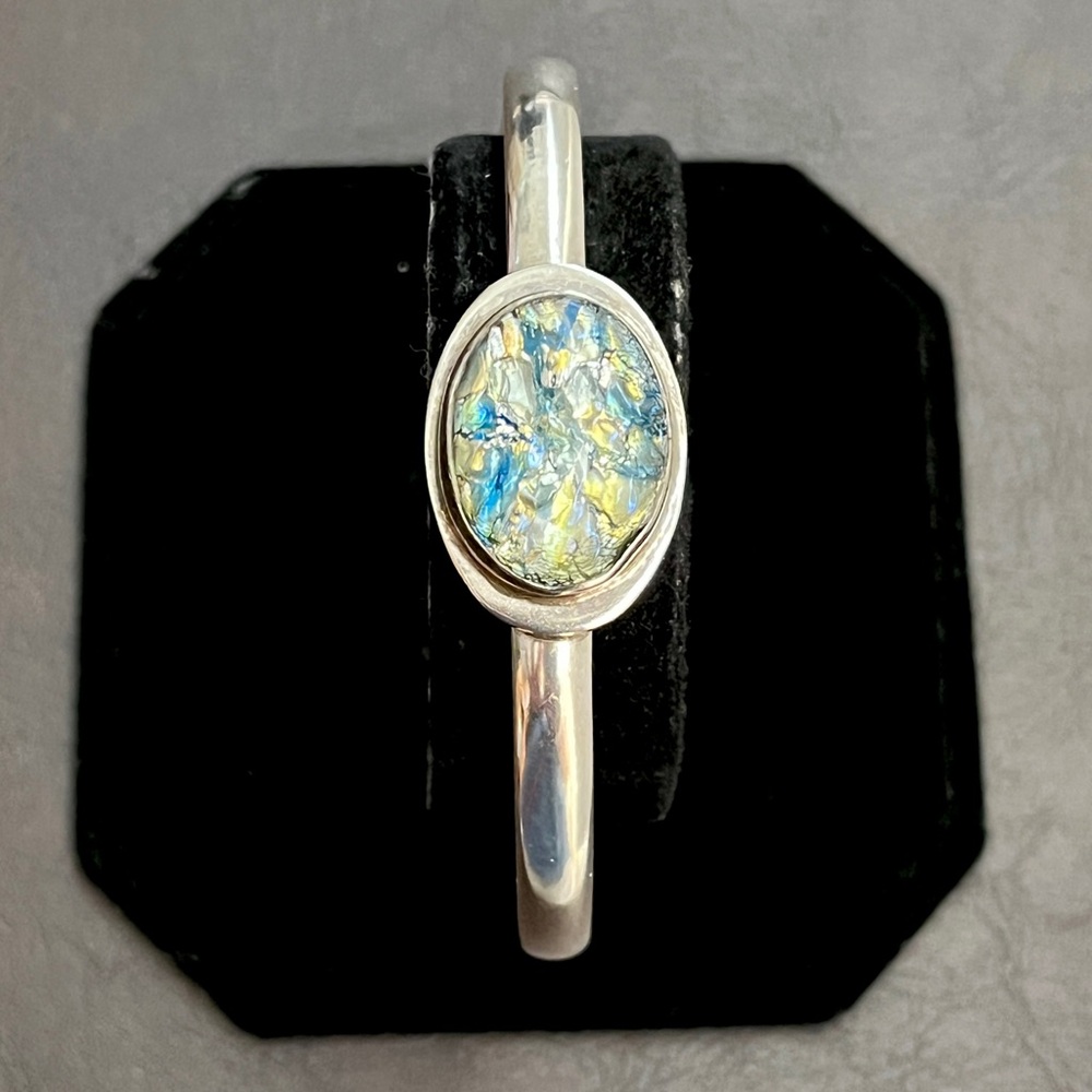 Vintage Taxco Mexico sterling silver and dichroic glass cuff bracelet - Picture 2 of 7